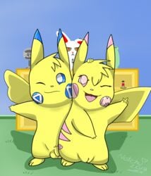 1boy 1girls 2018 alternate_color ambiguous_gender big_ears blue_background blue_eyes blue_fur eyelashes feet female feral flaccid foreskin furry long_ears looking_at_viewer male milachu milachu92 nintendo notch notchu original_character paws penis pikachu pink_eyes pink_fur plushie pokémon_(species) pokemon pokemon_(species) pokemon_rgby pokemon_rse pussy rodent tail testicles text v video_games watermark white_fur wink yellow_fur zangoose