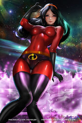 bodysuit breasts cleavage disney female female_only latex looking_at_viewer nefrubi pixar solo straight_hair the_incredibles tight_clothing violet_parr