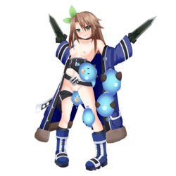 bare_shoulders bottomless breasts brown_hair coat creature_inside dogoo female full_body green_eyes holding holding_sword holding_weapon if_(neptunia) long_hair navel neptunia_(series) nipples off_shoulder open_clothes open_coat pussy santystuff sex slime_monster small_breasts solo sword transparent_background vaginal_penetration weapon