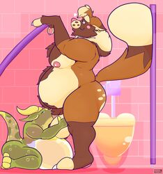 anthro balls bathroom big_balls big_dom_small_sub canine cum cum_in_mouth cum_inside duo fellatio heart inflation kneeling male mammal nude oral overweight overweight_male public_restroom restroom_stall rookitanuki scalie sex size_difference smile standing tanuki yaoi