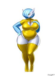 1girls 2018 3_fingers alternate_color ass big_ass big_belly big_breasts blue_hair blue_skin breasts chubby cleavage cleavage_cutout eyelashes female_only gardevoir half-closed_eyes hand_on_hips huge_ass huge_breasts large_ass large_breasts leotard looking_at_viewer nintendo overweight overweight_female pokemon pokemon_(species) pokemon_rse short_hair sleepingeel source_request standing text thick_thighs thighhighs watermark white_background white_skin wide_hips yellow_eyes