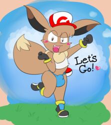 1boy anthro arm_up ass bare_shoulders belly big_ass big_ears big_testicles blue_background blue_panties blush boots brown_eyes brown_fur bulge canine chibi clothed clothing clouds day eevee furry girly gloves grass hat heart leg_up long_ears looking_at_viewer male male_only midriff nintendo open_mouth original_character outdoors panties penis_outline pink_border pokémon_(species) pokemon pokemon_rgby psyredtails shirt sky smile solo standing tail tank_top teeth testicles text thick_thighs thong tongue trap video_games wide_hips