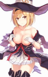 bare_shoulders black_hairband blonde_hair breasts breasts_out cai_geng cleavage closed_mouth collarbone commentary_request cowboy_shot djeeta_(granblue_fantasy) eyebrows_visible_through_hair female frilled_gloves frilled_sleeves frills gloves granblue_fantasy hairband hands_on_own_chest hat highres looking_at_viewer medium_breasts nipples no_bra off_shoulder short_hair simple_background skirt solo standing warlock_(granblue_fantasy) white_background white_gloves white_skirt witch_hat yellow_eyes