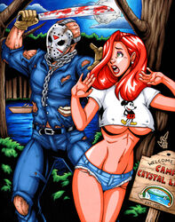 boat crossover daisy_dukes disney female friday_the_13th garrett_blair green_eyes hockey_mask jason_voorhees jean_shorts jeans jessica_rabbit lake machete mask medium_breasts mickey_mouse navel nipples_visible_through_clothing no_bra open_mouth orange_hair peril red_lips ripped_clothing screaming standing underboob weapon white_shirt who_framed_roger_rabbit