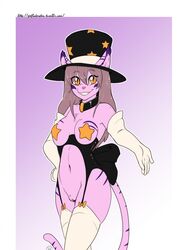 2017 anthro armwear arnachy bottomless breasts brown_hair casual_exposure clothed clothing collar elbow_gloves eyebrows eyelashes feline female fur garter geeflakes gloves gradient_background hair hand_on_hip hat humanoid_hands ineffective_clothing legwear long_hair looking_at_viewer magenta_johnson magician mammal multicolored_fur navel orange_eyes pasties pink_fur pink_nose pink_pussy purple_background purple_fur purple_stripes pussy ribbons simple_background skimpy slim slit_pupils smile solo standing star_pasties stockings striped_fur stripes teeth thigh_highs top_hat url yellow_pasties