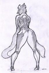 alien ass clothing faceless female footwear garuda_(warframe) high_heels humanoid monochrome pencil_(artwork) pussy rear_view saidra shoes simple_background solo traditional_media_(artwork) video_games warframe