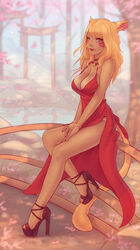 alael big_breasts breasts cleavage dress female female_only final_fantasy final_fantasy_xiv high_heels large_breasts looking_at_viewer miqo'te open_toe_shoes solo soranamae