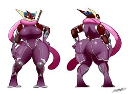 1girls 2018 3_fingers alternate_color amphibian anthro armor ass back backboob big_ass big_breasts bodysuit breasts chubby cosplay crossover dat_ass eyelashes feet female female_only frog greninja half-closed_eyes hand_on_hips huge_ass huge_breasts igawa_asagi large_ass large_breasts long_tongue looking_at_viewer looking_away nintendo original_character overweight overweight_female pokemon pokemon_(species) pokemon_xy red_eyes red_skin sideboob skin_tight sleepingeel sword taimanin_asagi text tongue tongue_out voluptuous watermark weapon webbed_feet webbed_hands white_background wide_hips