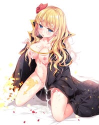 07th_expansion 1girls 2017 after_sex apple_effect beatrice_(umineko) blonde_hair blue_eyes blush breasts bukkake cleavage cloak cum_in_hair cum_in_pussy cum_inside cum_on_body cum_on_breasts cum_on_face cum_on_thighs flower_in_hair long_hair naked_cloak nipples umineko_no_naku_koro_ni wariza