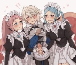 birthday blonde_hair blue_eyes blue_hair cake corrin_(fire_emblem) corrin_(fire_emblem)_(male) double_handjob felicia_(fire_emblem) ffm_threesome fire_emblem fire_emblem_fates flora_(fire_emblem) grey_eyes handjob maid maid_headdress maid_uniform master_and_servant nintendo penis pink_hair pointy_ears ponytail precum red_eyes symoca teamwork twintails