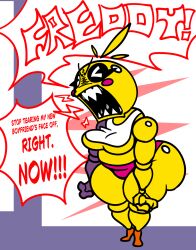 1girls angry animatronic animatronic_female big_ass chicken chicken_girl dialogue female five_nights_at_freddy's five_nights_at_freddy's_2 fnaf phasianid protective robot robot_girl scottgames shortstack shortstack_female shouting solo thicc tmgthejust toy_chica_(fnaf) yellow yellow_skin