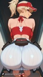 1girl ai_generated angela_ziegler artist_name ass ass_focus back backboob bare_shoulders belt bent_over blizzard_entertainment blonde_hair blue_eyes breasts crop_top from_behind grin huge_ass large_breasts lifeguard_mercy looking_at_viewer looking_back mercy overwatch overwatch_2 pants patreon ponytail pouch questionable red_headwear sandals senpai_pixels smile solo squatting strapless tube_top visor_cap