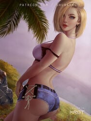 android_18 ass big_ass blonde_hair blue_eyes bra dragon_ball dragon_ball_z female female_only looking_at_viewer looking_back pinup shorts shurakrgt solo