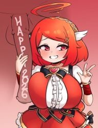 1girls 2026 ahoge akari_(pldf) animal_genitalia blush breasts choker equine female_on_feral feral feral_on_female feral_on_human gigantic_breasts hand_on_penis happy_new_year horse horsecock huge_breasts human_female human_on_feral magical_girl new_year pldf red_dress red_eyes red_hair short_hair shortstack smile solo_focus v v_sign year_of_the_horse zoophilia