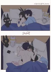 1boy 1girls 2koma animal_ears asaba_harumasa before_and_after blush cat_ears closed_eyes condom highres hoshimi_miyabi hugging love_making lying lying_on_bed lying_on_side missionary_position on_bed sex wholesome wholesome_sex zenless_zone_zero