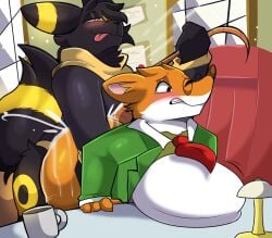 anthro ass bent_over big_butt black_body black_fur bodily_fluids clothing cum cum_in_ass cum_inside duo eeveelution eyewear fur generation_2_pokemon genital_fluids geronimo_stilton geronimo_stilton_(series) glasses green_clothing green_shirt green_topwear hi_res inflation interspecies male male/male mammal mouse murid murine necktie nintendo orange_body orange_fur pokemon pokemon_(species) rodent shirt spicykiwi suit tail tail_pull tongue tongue_out topwear umbreon wearing_glasses