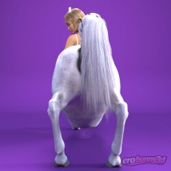 3d blonde_hair centaur centauress daz3d equine equine_anus equine_genitalia equine_pussy erobunny erobunny3d furry furry_female furry_tail green_eyes hooves horse horse_girl monster_girl pinup pony purple_background render tail white_fur white_skin
