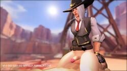 3d animated ashe_(overwatch) balls cowboy_hat cowgirl_position dickgirl erection futanari iidssm_sfm intersex loop male male_on_futa no_sound overwatch penis red_eyes sex testicles video white_hair