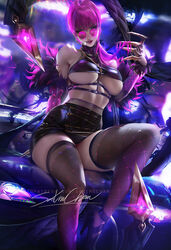 alternate_costume black_skirt breasts cleavage evelynn female female_only high_heels k/da_evelynn k/da_series league_of_legends lipstick long_skirt looking_at_viewer looking_over_eyewear looking_over_glasses panties pink-tinted_eyewear pinup sakimichan silhouette skirt solo sunglasses thighhighs tinted_eyewear