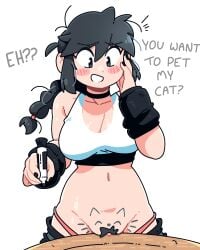 2d big_breasts black_hair bottomless breasts busty clitoris crop_top do_you_want_to_pet_my_cat_(meme) female hourglass_figure lucia_(scott_malin) marker markings meme pants pants_down pubic_hair public pussy_on_table scott_malin table tagme tank_top teasing thong wide_hips