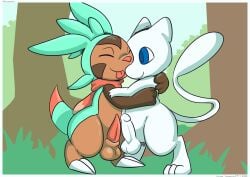 2026 blue_eyes border chespin closed_eyes frottage generation_1_pokemon generation_6_pokemon genitals hi_res hug hugging_another humanoid_genitalia humanoid_penis legendary_pokemon male male/male mew_(pokemon) mostly_nude mythical_pokemon nintendo penile penis penises_touching pokemon pokemon_(species) scarf scarf_only screamoshaymin sex signature tapering_penis white_body
