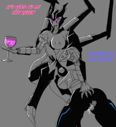 airachnid arcee arcee_(prime) big_breasts breasts cum cum_inside dildo female female/female sex_toy transformers transformers_prime wine_glass