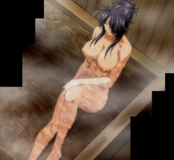 areolae bath breasts closed_eyes edited full_body hair_over_one_eye ikkitousen kan'u_unchou large_breasts long_hair nipples nude ponytail purple_hair sagging_breasts screenshot stitched third-party_edit tied_hair