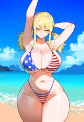 ai_generated american_flag_bikini beach beach_background blonde_female blonde_hair busty fairy_tail fat_ass flag flag_bikini flag_print huge_breasts large_breasts lucy_heartfilia