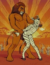 ambiguous_penetration andromorph andromorph/male animal_genitalia animal_penis anthro background_character balls being_watched big_dom_small_sub chest_scar detailed_background dominant duo_focus embarrassed equid equine equine_genitalia equine_penis erotic_worldbuilding exhibitionism felid genitals group guard hand_on_head hi_res hooves intersex intersex/male jojoekaki lion lion_mane looking_at_another male mammal melee_weapon motion_lines nipples nude nude_andromorph nude_anthro nude_male pantherine penetration penis polearm scar sex shocked size_difference smaller_penetrated spear story story_in_description sunset tail trans_(lore) trans_man_(lore) weapon zebra
