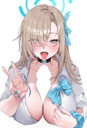 absurdres asuna_(blue_archive) asuna_(school_uniform)_(blue_archive) blonde_hair blue_archive blue_bow blue_bowtie blue_eyes blue_halo blue_ribbon blush bow bowtie breasts censored choker cleavage collarbone commentary eyes_visible_through_hair female hair_over_one_eye hair_ribbon halo highres large_breasts long_hair looking_at_viewer murmoruno open_mouth paid_reward_available paizuri ribbon scrunchie shirt sleeves_rolled_up solo tongue tongue_out unworn_bowtie v very_long_hair white_shirt wrist_scrunchie
