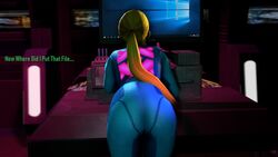 3d bent_over blonde_hair bodysuit dat_ass dialogue falcosfm metroid nintendo ponytail samus_aran source_filmmaker tagme zero_suit_samus