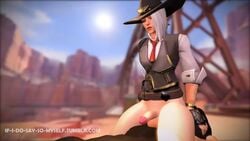 1boy 1futa 3d animated ashe_(overwatch) balls cowboy_hat cowgirl_position dark-skinned_male dark_skin dickgirl erection futanari iidssm_sfm interracial intersex loop male male_on_futa no_sound overwatch penis red_eyes sex testicles video white_hair