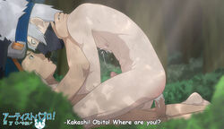 2boys anal anal_insertion anal_sex black_eyes black_hair cowgirl_position cum cum_in_ass cum_inside cum_on_body cum_on_self cum_on_upper_body cumshot dialogue gay goggles goggles_on_head hatake_kakashi kakashi_hatake kissing male male_only mask naked naruto naruto_shippuden nipples nude onoro_nyo outdoors penis saliva_string saliva_trail sex silver_hair text tongue tongue_out uchiha_obito uncensored yaoi