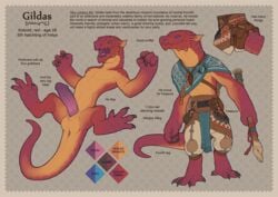 2018 animal_genitalia anus balls belt big_penis blue_eyes claws clothed clothing english_text erection full_length fully_clothed gildas hi_res invalid_tag kobold lizard male male_only model_sheet open_mouth pants paws penis red_scales scales scalie sheath simple_background snowskau solo staff teeth text tongue yellow_scales