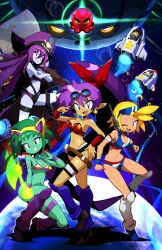 4girls alternate_costume animal_ear_hairband animal_ears bikini blue_skin blush bolo breasts cat_ear_hairband cat_ears colored_skin commentary crop_top english_commentary fake_animal_ears goggles goggles_on_head green_skin hairband hat highres multiple_girls navel official_art one_eye_closed pirate_hat planet pointy_ears risky_boots rottytops sakurajyousui_nami shantae shantae_(character) sky_(shantae) space spacecraft squid_baron star_(sky) swimsuit uncle_mimic wayforward zombie