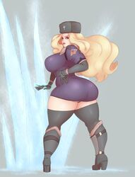 1girls ass_in_dress big_ass big_breasts bimbo blonde_hair boots eyeshadow female hat high_heel_boots huge_ass ice knee_boots kolin lipstick makeup solo street_fighter street_fighter_v sunnysundown thick_thighs thighhighs tight_dress