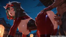 1boy ahe_gao ai_generated ass black_gloves blush breasts corset doggy_style female gloves green_hair hood hood_up kiriko_(overwatch) lantern large_breasts le_sserafim mask meitabuu night night_sky nipples open_mouth outdoors overwatch overwatch_2 pants penis pussy rolling_eyes saliva sex sex_from_behind sky solo_focus star_(sky) starry_sky straight sweat testicles tongue tongue_out uncensored vaginal_penetration
