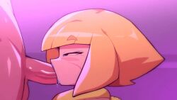 animated bel_(brc) blonde_female blonde_hair blonde_hair_female blowjob blue_eyes blue_lipstick bomb_rush_cyberfunk neddyah oral oral_sex pale-skined_female pale_skin penis penis_in_mouth purple_wall squint squinting sucking tagme