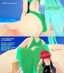3d 3girls ass beach blonde_hair body_growth body_growth_(enlargement) english_text female giantess green_hair growth huge_ass koikatsu mythra mythra_(radiant_beach)_(xenoblade) mythra_(xenoblade) nintendo one-piece_swimsuit pneuma_(xenoblade) pyra pyra_(pro_swimmer)_(xenoblade) pyra_(xenoblade) red_hair size_difference swimsuit text xavierhuge xenoblade_(series) xenoblade_chronicles_2