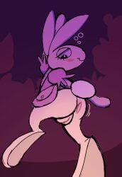 2026 3_dog_band anthro anus ass biped black_eyes blush blush_lines bubble closed_smile clothing digitigrade drunk drunk_bubble female fur genitals hi_res humanoid_genitalia humanoid_vulva inside lagomorph leporid looking_at_viewer looking_back looking_back_at_viewer mammal mouth_closed not_a_furfag party pink_clothing presenting presenting_hindquarters purse rabbit rear_view scut_tail short_tail smile solo substance_intoxication tail vulva white_body white_fur