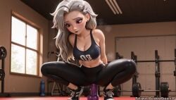 1girls ai_generated black_pants black_sports_bra blush breasts cleavage collarbone crop_top dildo dildo_riding ear_piercing earrings eyeshadow female grey_hair gym hair_ornament hairclip helluva_boss human human_loona indoors jewelry lipstick long_hair looking_down loona_(helluva_boss) makeup medium_breasts meitabuu midriff mythology navel object_insertion pants piercing red_eyes sex_toy shoes sneakers solo sports_bra spread_legs squatting sweat window yoga_pants