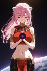 1girl ai_generated alternate_universe armlet bare_shoulders black_pants blush breasts closed_eyes closed_mouth cowboy_shot crop_top earth_(planet) egyptian_clothes elfen_lied energy_ball facing_viewer female floating_hair god_of_destruction gold_trim hair_between_eyes horns large_breasts long_hair lucy_(elfen_lied) medium_breasts midriff navel orb own_hands_clasped own_hands_together palms_together pants pelvic_curtain pink_hair pixiv planet praying red_shirt rena_aikawa_(pixiv_user) shirt sleeveless sleeveless_shirt solo space stable_diffusion standing stomach v-shaped_eyebrows white_horns