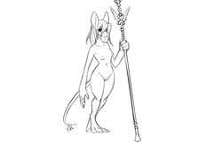 2017 anthro blush breasts burmecian female final_fantasy final_fantasy_ix freya_crescent full-length_portrait hair looking_at_viewer mammal melee_weapon monochrome navel nipples nude polearm portrait pussy ribbons rodent simple_background sketch smile solo spear square_enix standing tail_ribbon video_games watsup weapon white_background