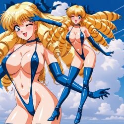 ai_generated blonde_hair blue_bow blue_eyes blue_footwear blue_gloves blue_sky blue_thighhighs blush boots bow breasts choker cleavage clothing cloud day drill_hair elbow_gloves female footwear full_body gloves hair_ornament hairbow high_heel_boots high_heels large_breasts legwear long_hair looking_at_viewer multiple_views navel oerba_yun_fang one-piece_swimsuit one_eye_closed open_mouth sky slingshot_swimsuit smile soreyuke_marine-chan south_pole_one swimsuit thigh_boots thighhighs thighs wink