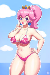 1girls alternate_hair_color bad_id bad_twitter_id beach bikini blue_eyes breasts cleavage cloud cowboy_shot crown day earrings female female_focus female_only hand_on_hip human human_only index_finger_raised large_breasts long_hair looking_at_viewer mario_(series) nail_polish navel nintendo ocean outdoors pink_bikini pink_hair pink_nails ponytail pose princess_peach rizdraws sky solo standing swimsuit thick_thighs thighs tied_hair water year_request