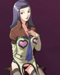 artist_request atlus breasts cleavage clothed female footwear lipstick makeup maya_amano nail_polish necktie panties persona persona_2 purple_eyes purple_hair solo stockings underwear