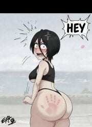 ai_generated angry angry_expression angry_face anime_style ass ass_slap ass_slapping back_view beach big_ass black_hair blush blushing butt butt_slap butt_slapping hand_mark hand_markings hand_marks hand_on_ass looking_at_viewer looking_back looking_back_at_viewer mad oc thong thong_bikini