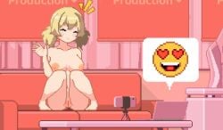 1girls animated areolae barefoot big_breasts breasts completely_nude completely_nude_female couch female female_only full_body heart_eyes naked naked_female nipples nude nude_female phone pixel_animation pixel_art pompom_studio pussy recording sitting sofa solo solo_female streaming tagme video