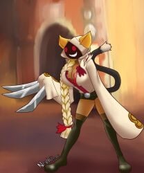 1girls arc_system_works big_breasts blazblue busty busty_female cat_ears catgirl dark-skinned_female dark_skin fecharis feline female hoodie kaka_(blazblue) mask masked masked_female nephiliac red_eyes redesign sharp_teeth taokaka
