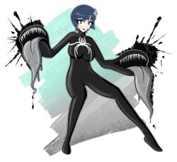 1girls 2020 @_@ black_background blue_eyes blue_hair blush flower flower_in_hair green_background grey_background grey_tongue hand_mouth hypnosis lipstick logo marvel marvelous mime-control mind_control paint_splatter senran_kagura serious sharp_teeth she-venom short_hair smile spider spider-man_(series) spiral_eyes squiggle symbiote symbol symbol_in_eye teeth tounge venom_(marvel) yozakura_(senran_kagura)